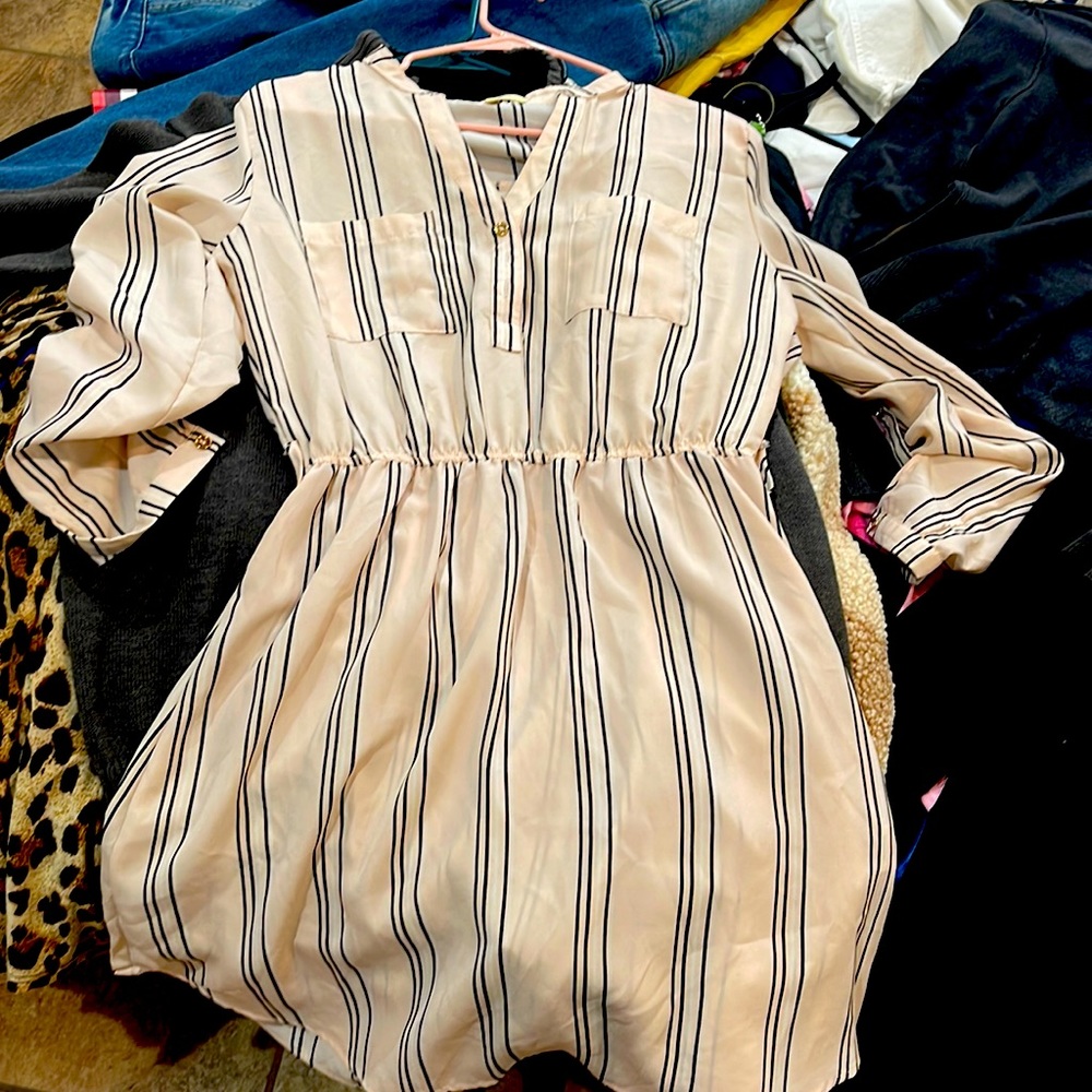 Pink and black pinstripe dress! I’m a size med- I think it could do a smaller L